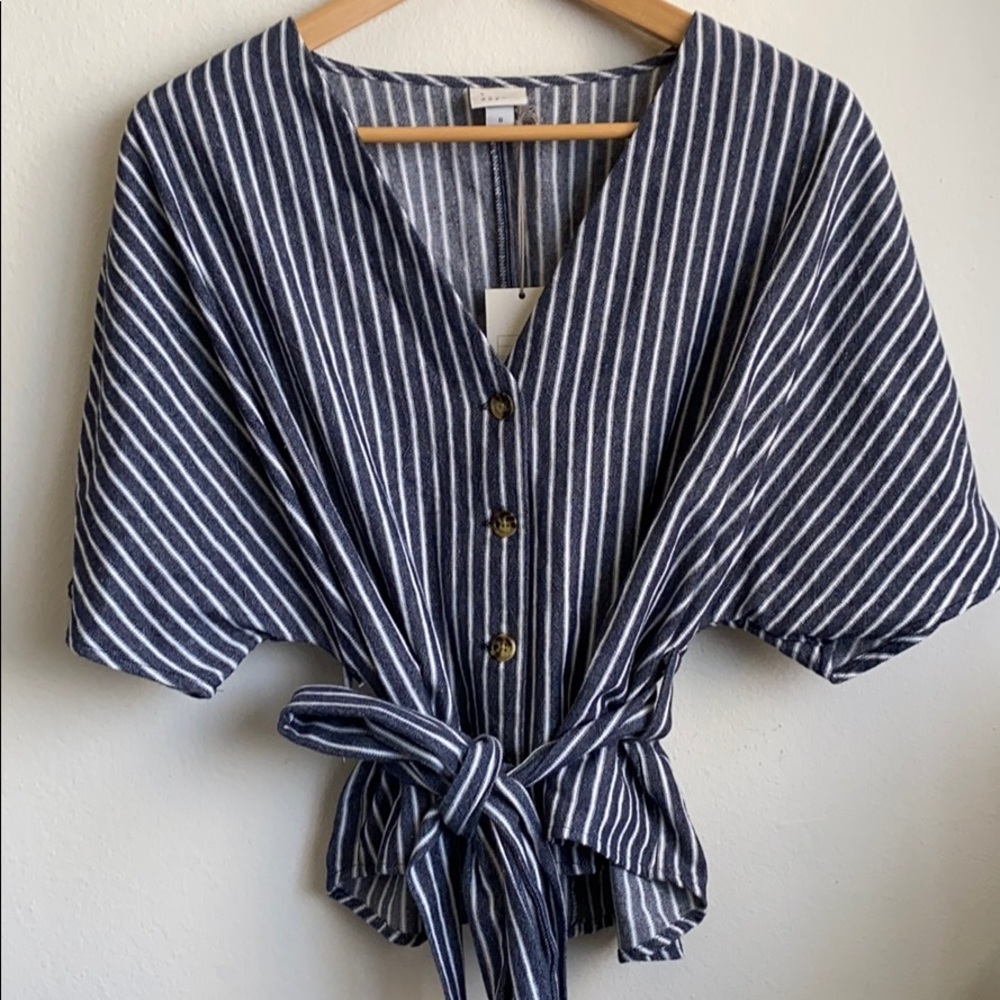 Short Sleeve Buttoned Tie Waist Top - A New Day